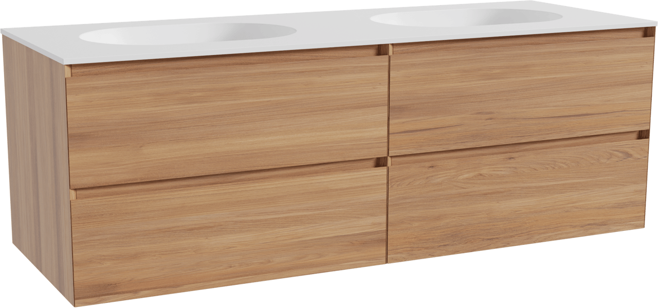 Balmani Mitra meuble salle de bains suspendu 150 x 55 cm teck avec Tablo Oval double vasque en solid surface blanc mat