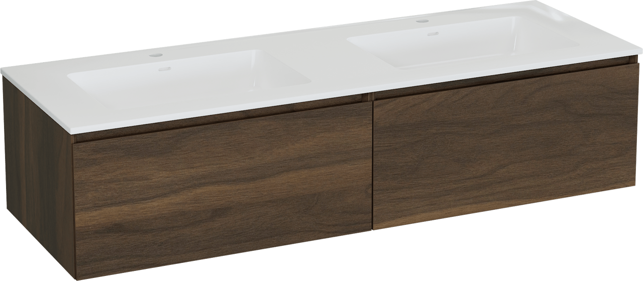 Storke Edge meuble salle de bains suspendu 150 x 52 cm noyer avec Bilia double vasque en marbre composite blanc brillant