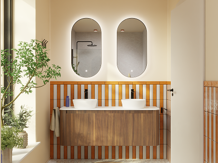 Moderne badkamer met notelaar meubel en gele accenten