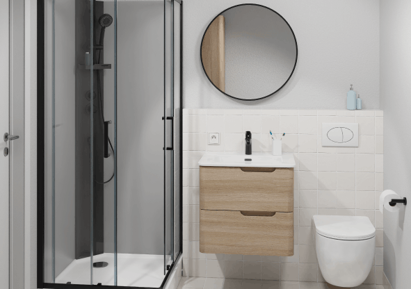 Moderne badkamer met houtdecor en mat zwarte accenten