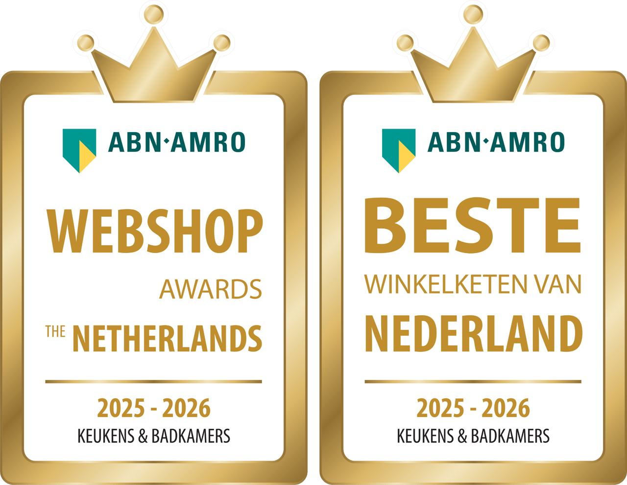 Afbeelding van twee ABN AMRO Awards voor 2025–2026: ‘Webshop Awards The Netherlands’ en ‘Beste Winkelketen van Nederland’ in de categorie Keukens & Badkamers.