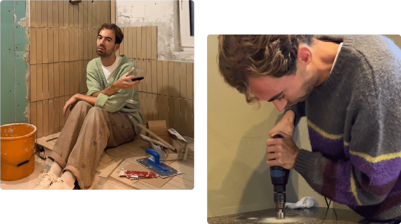 Daan Alferink boort zorgvuldig in het badkamerwerkblad voor installatie.