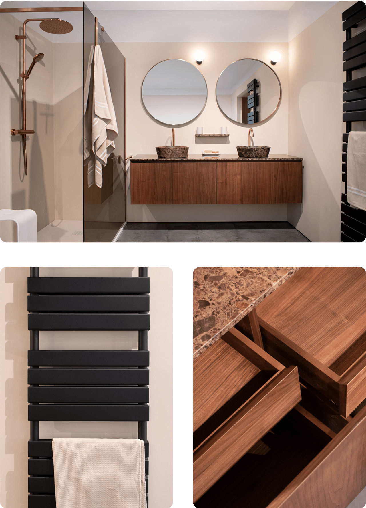 Zwarte handdoekradiator met opgehangen lichte handdoek. Detail van open schuifladen in een houten badkamermeubel.