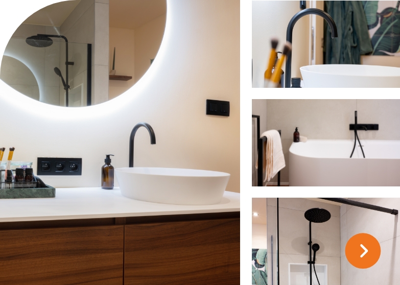 Modernes Badezimmer mit Holzunterschrank, rundem Spiegel und schwarzer Armatur