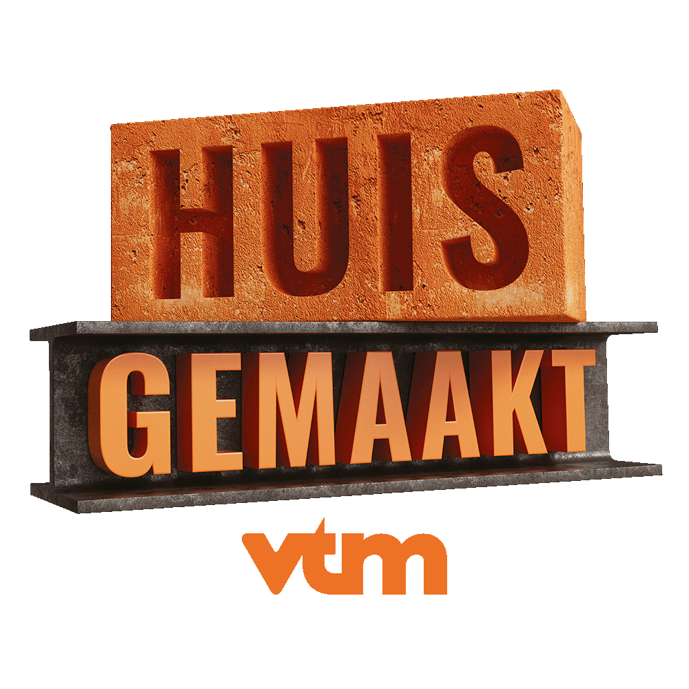 Logo der VTM-Sendung "Huis Gemaakt" mit orangefarbener Ziegel und schwarzem Hintergrund