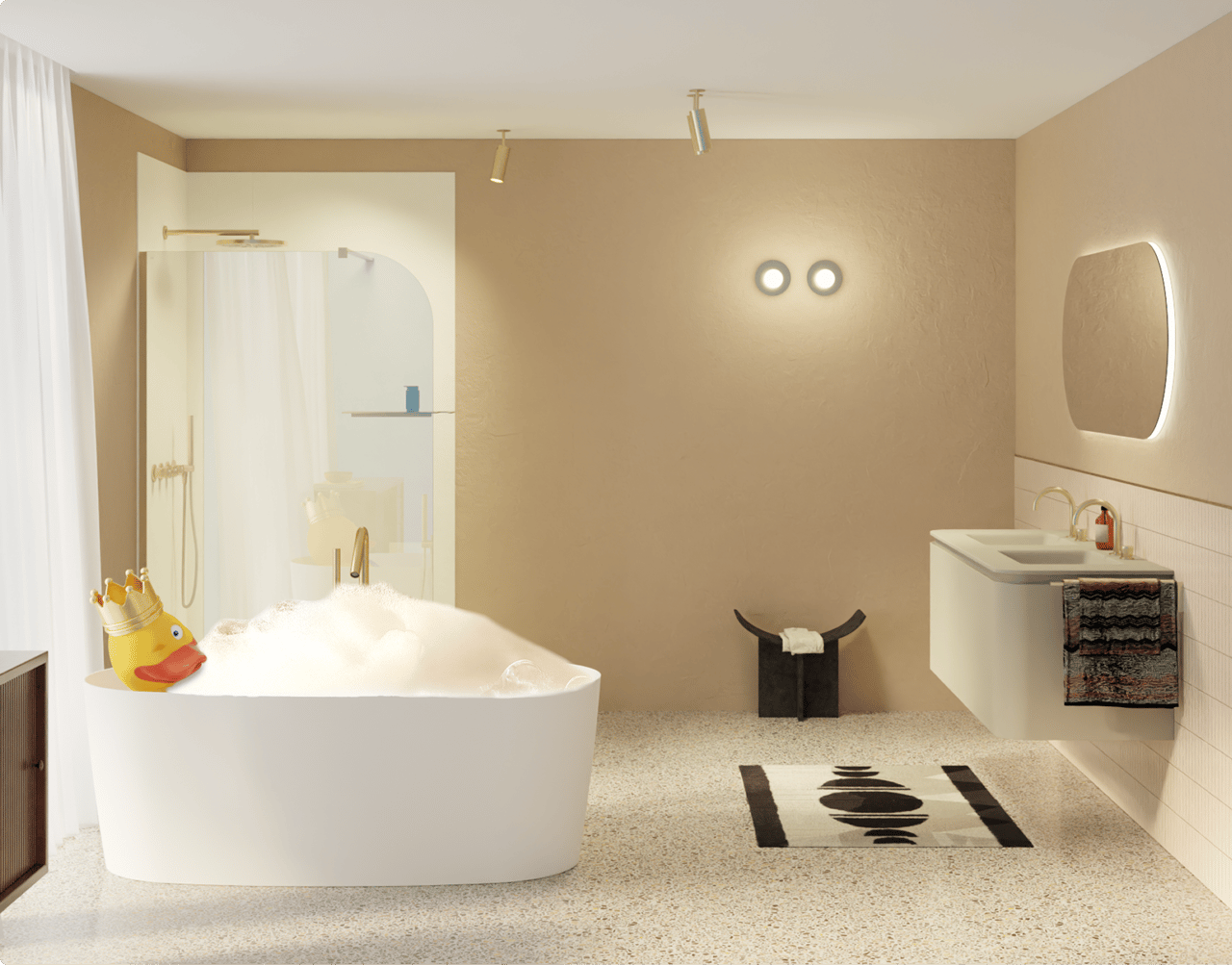 Rendu 3D d’une salle de bains moderne avec baignoire autoportante et mousse, chez X2O salles de bains.