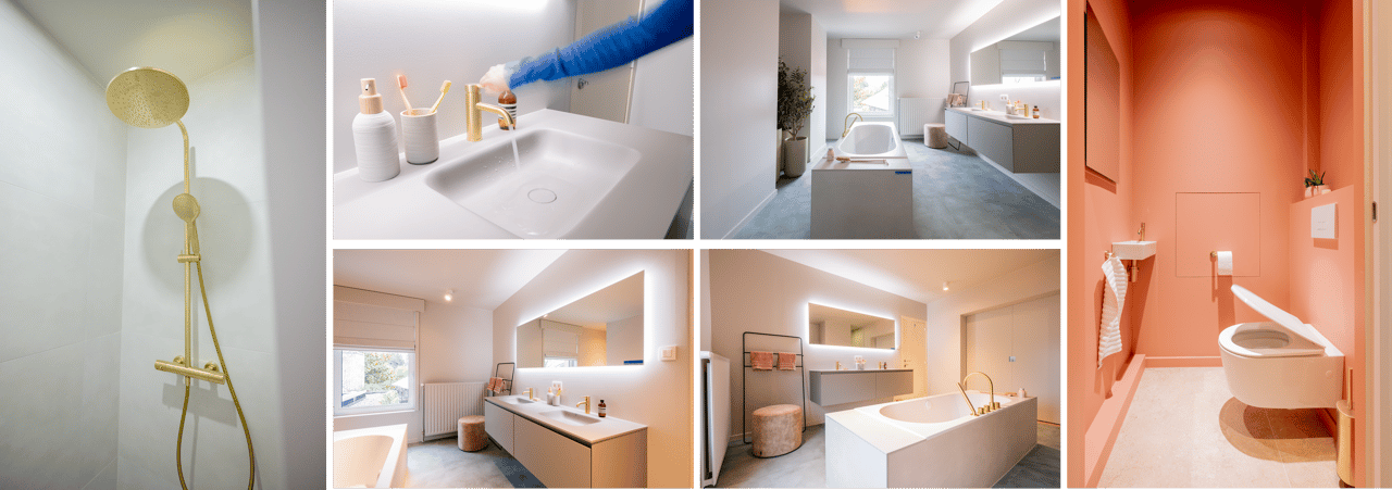 Luxe ensuite badkamer met vrijstaand bad, dubbele wastafel, gouden kranen en zachte roze accenten in een moderne, lichte inrichting.