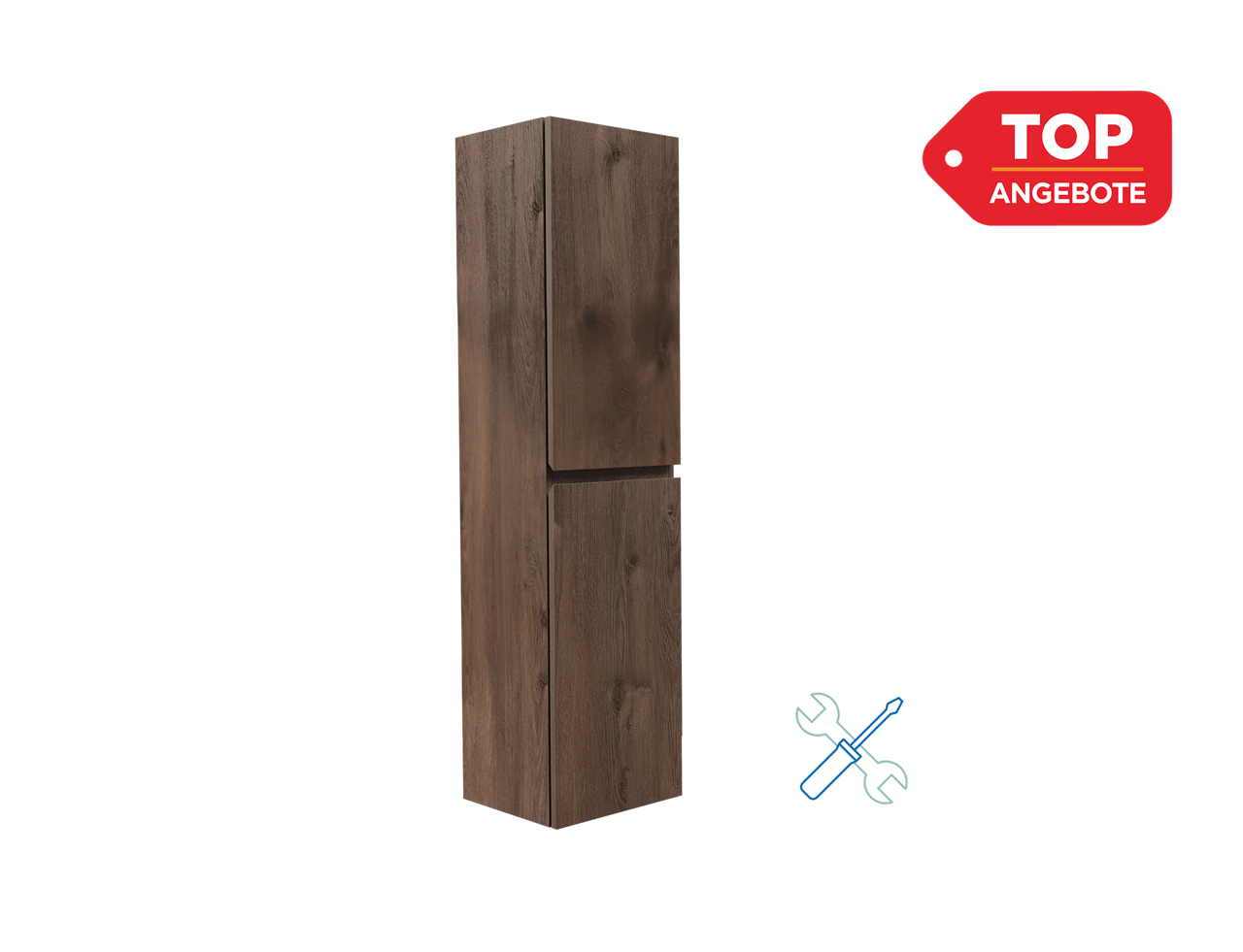 Hoher Badezimmerschrank in dunkler Holzoptik mit zwei geschlossenen Türen, vor schwarzem Hintergrund dargestellt, oben rechts mit rotem „Top-Angebote“-Label und unten rechts mit Werkzeugsymbol für einfache Montage.