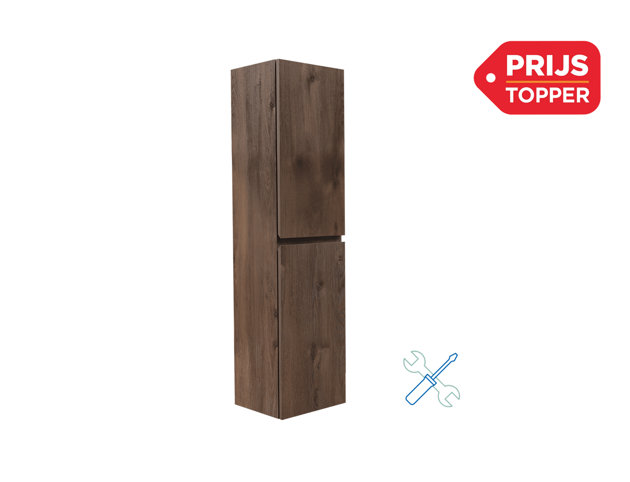 Hoge badkamerkolomkast in donkere houtlook met twee gesloten deuren, afgebeeld tegen een zwarte achtergrond, met rechtsboven een rood label “Prijs Topper” en rechtsonder een pictogram van gereedschap dat eenvoudige montage aanduidt.