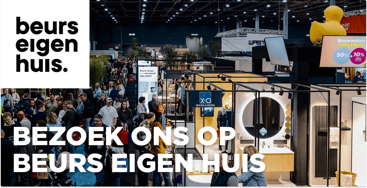 Promotiebeeld van X²O badkamers op Beurs eigen Huis 2026. Op de voorgrond is een moderne beursstand van X²O te zien met een stijlvolle badkameropstellin In de linkerbovenhoek staat het Beurseigenhuis-logo. Grote witte tekst over de foto luidt: "BEZOEK ONS OP BEURS EIGEN HUIS". Je vindt X²O badkamers op standnummer KB1.06;