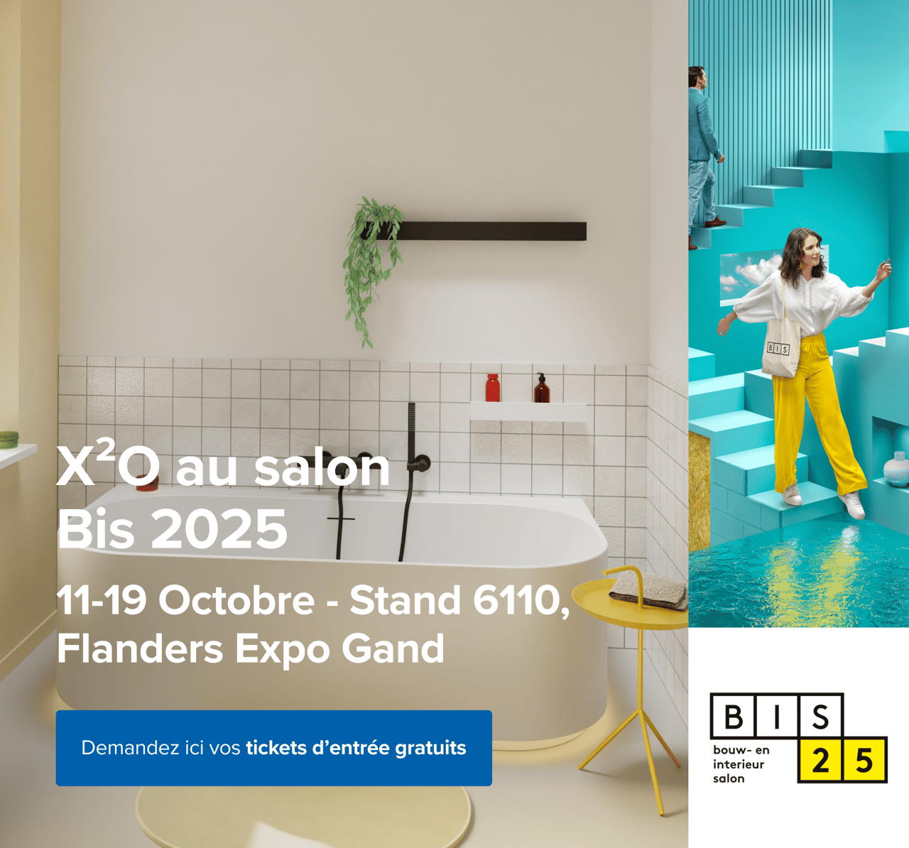 Visuel de campagne pour le salon BIS 2025 avec un décor coloré et des visiteurs qui explorent le salon.