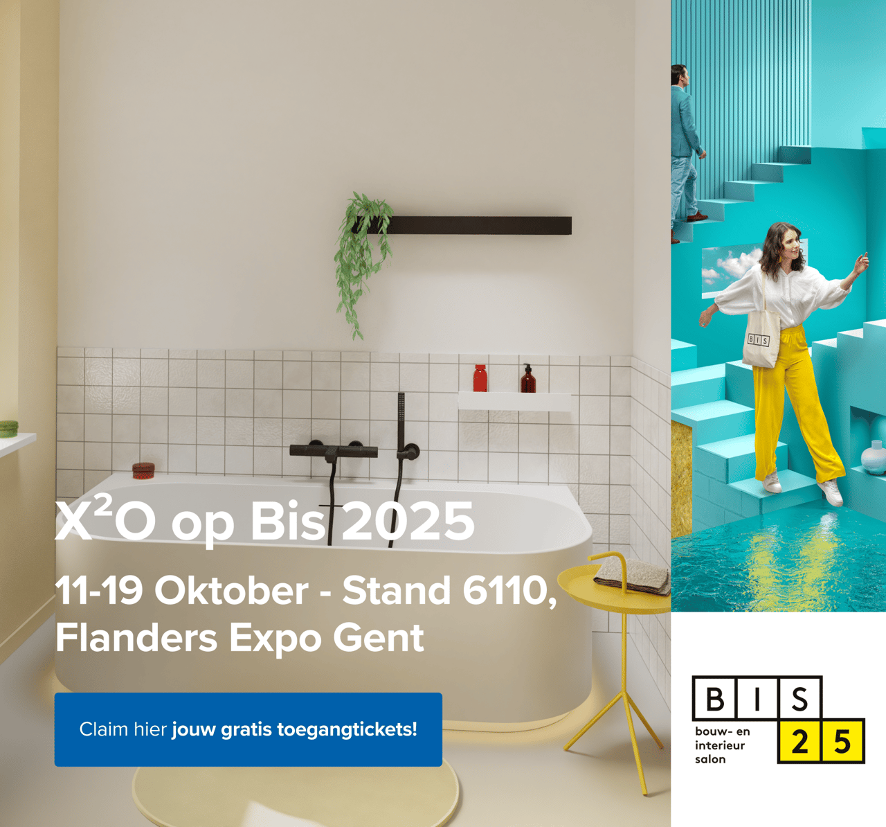 Campagnebeeld van de BIS-beurs 2025 met kleurrijke setting en mensen die de beurs verkennen.