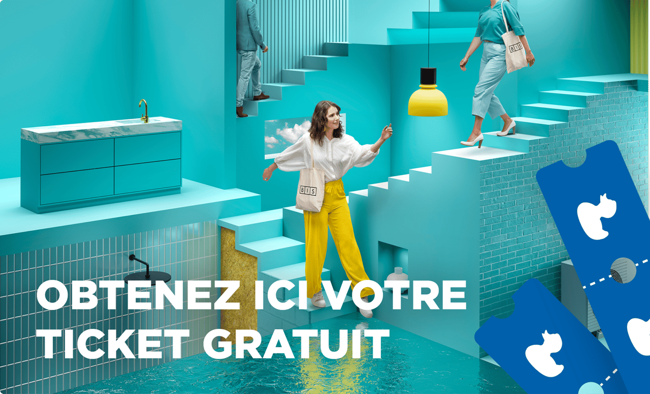 Visuel promotionnel de X²O pour le salon BIS 2025, avec une salle de bains moderne et une invitation à commander des tickets gratuits.
