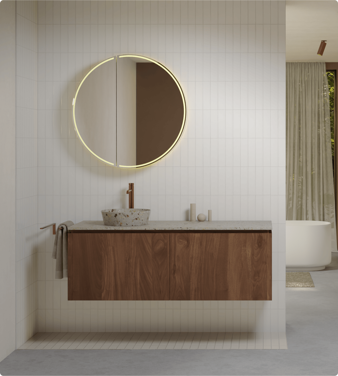 Elegante badkameropstelling met ronde spiegel, houten meubel en een rustige, moderne uitstraling.