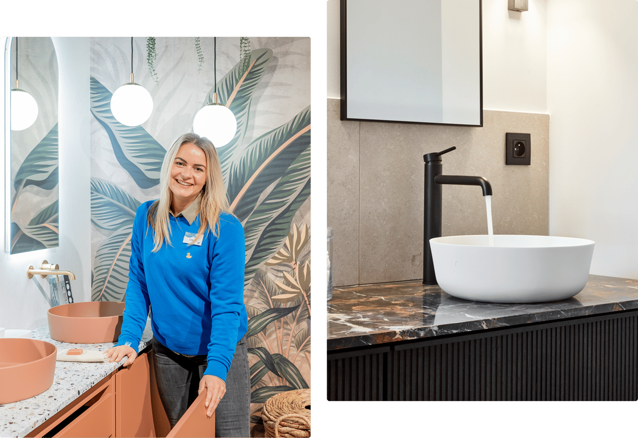 Employée de X²O souriante devant un aménagement coloré de salle de bains au salon BIS.