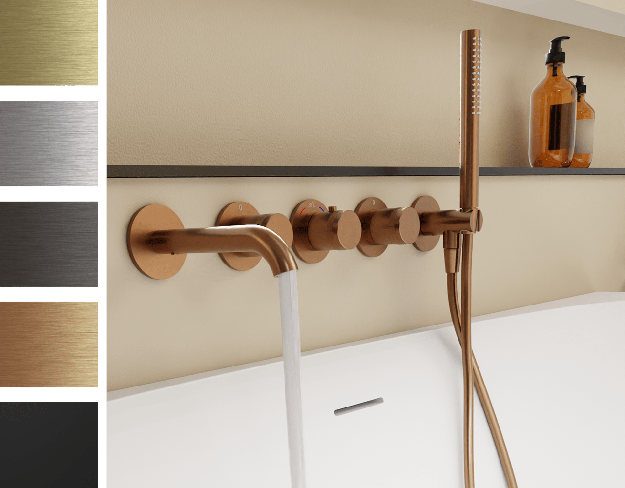 Elegante Badszene mit wandmontierter Blaufoss-Badarmatur und Handbrause in Kupferoptik, umgeben von warmen Erdtönen. Verschiedene Oberflächen links im Bild sichtbar. Exklusiv erhältlich bei X²O Badezimmer.