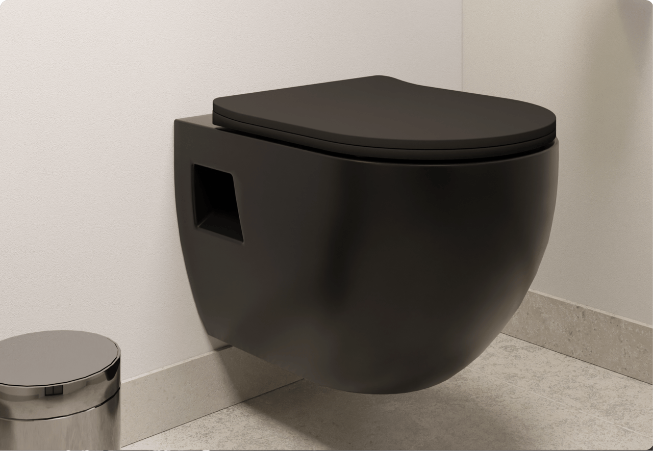 Een mat zwart hangtoilet met afgeronde vormen naast een glanzende afvalemmer. Een strakke stijl van x²o badkamers.