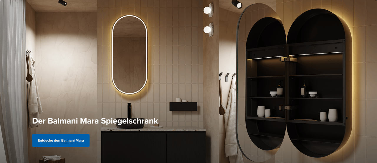 Luxuriöses Badezimmer mit Balmani Mara Spiegelschrank mit LED-Beleuchtung, schwarzem Waschtisch und ovalem Spiegel