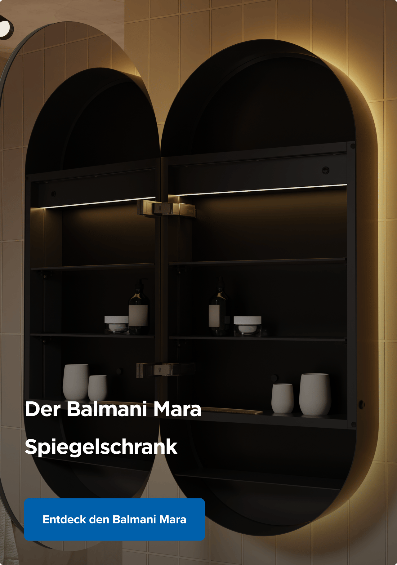 Luxuriöses Badezimmer mit Balmani Mara Spiegelschrank mit LED-Beleuchtung, schwarzem Waschtisch und ovalem Spiegel