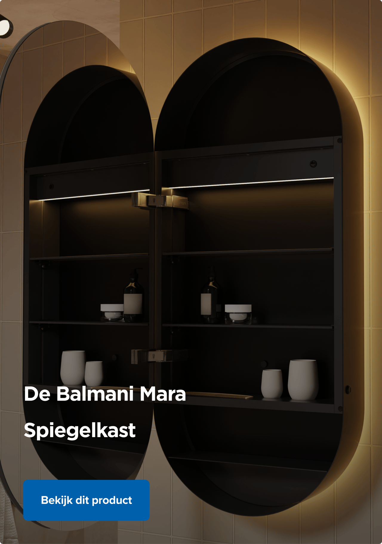 Luxuriöses Badezimmer mit Balmani Mara Spiegelschrank mit LED-Beleuchtung, schwarzem Waschtisch und ovalem Spiegel