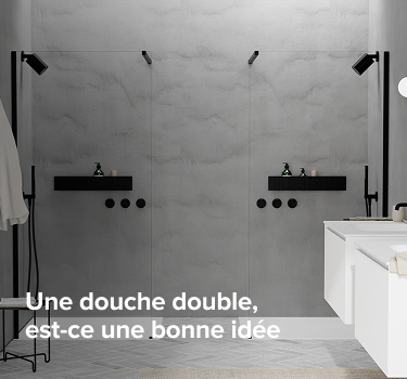 Double douche luxueuse x²o salles de bains avec mur effet marbre gris et texte français sur les avantages d’une double douche.