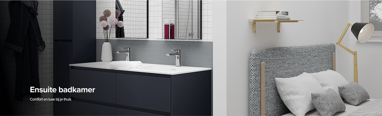 Moderne en-suite badkamer met dubbele wastafel en aansluitende slaapkamer – X²O Badkamers