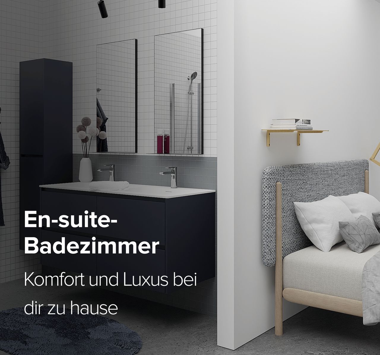 Modernes En-suite-Badezimmer mit Doppelwaschbecken und angrenzendem Schlafzimmer – X²O Badkamers