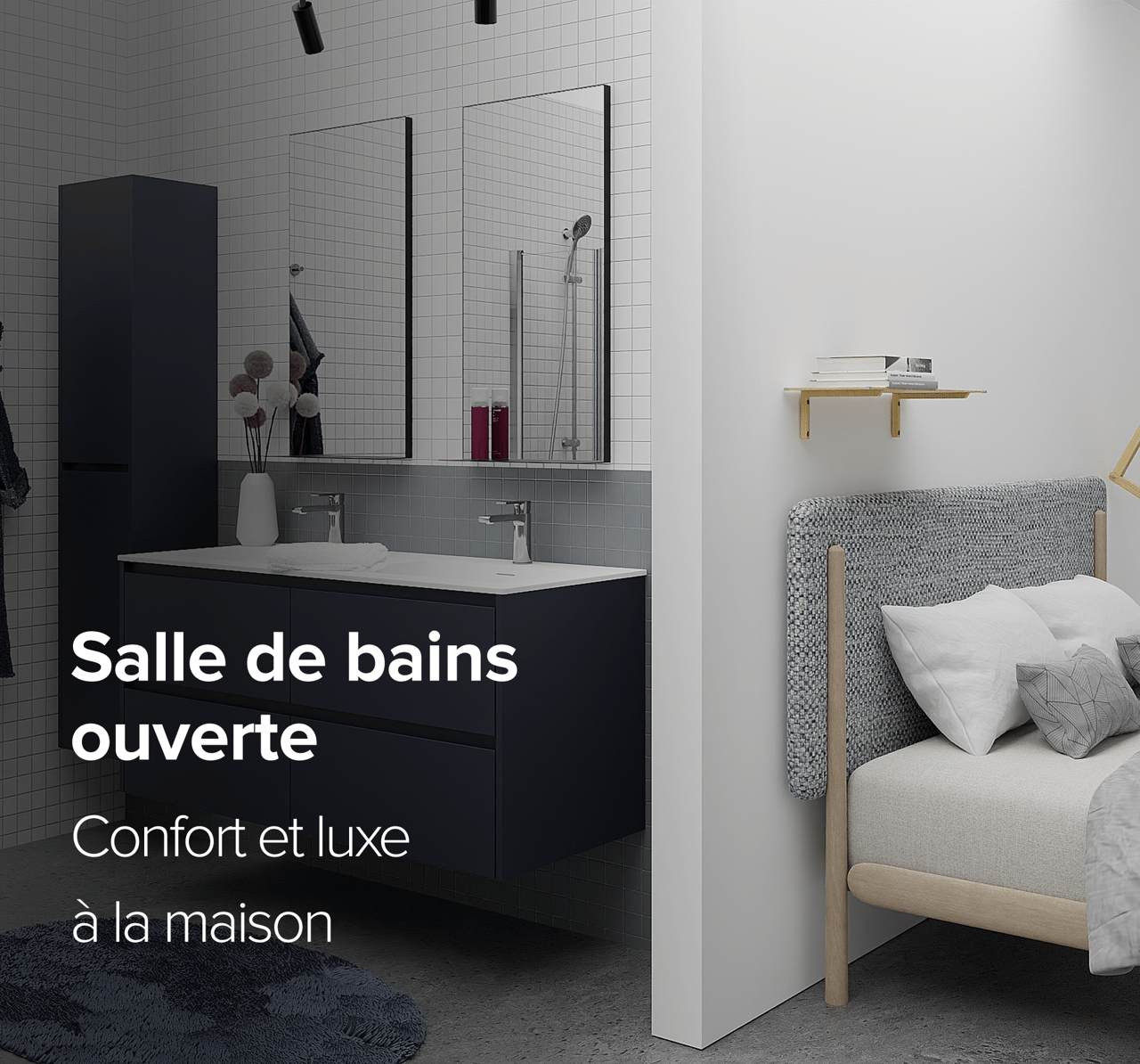 Salle de bains ouverte moderne avec double lavabo et chambre ouverte – X²O Salles de Bains
