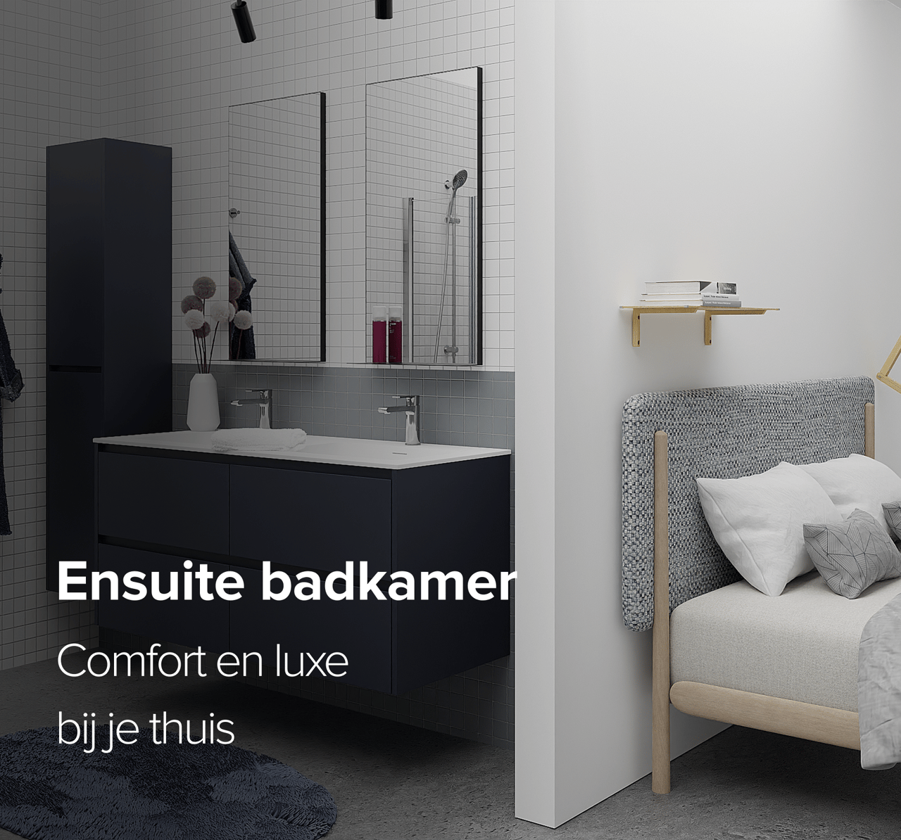 Moderne en-suite badkamer met dubbele wastafel en aansluitende slaapkamer – X²O Badkamers