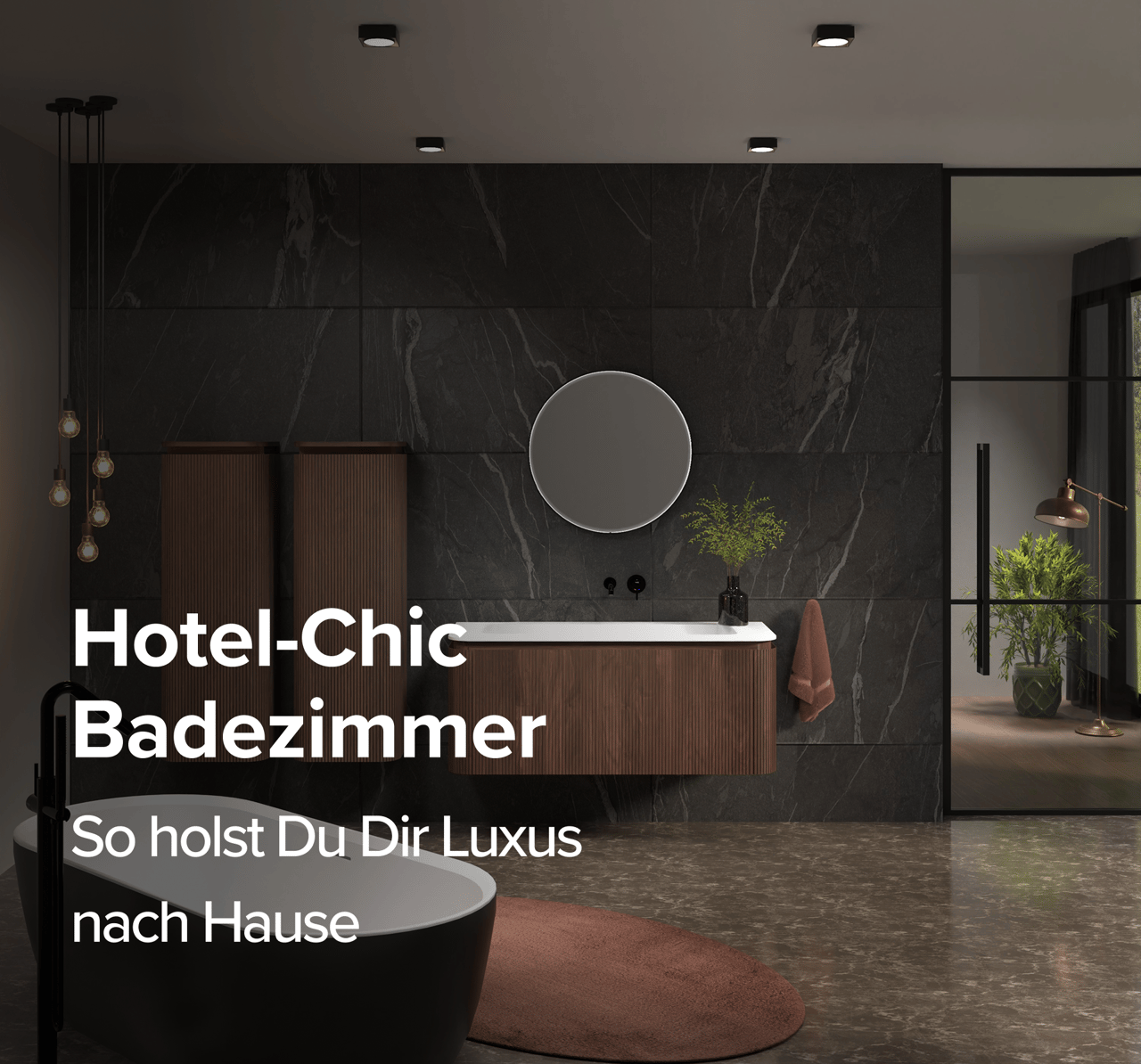 Luxuriöses x²o Bad im Hotel-Chic-Stil. Dunkle Natursteinwand, beleuchteter runder Spiegel und gerillte Holzmöbel. Hängelampen und eine schwarze Armatur sorgen für eine warme, exklusive Atmosphäre.