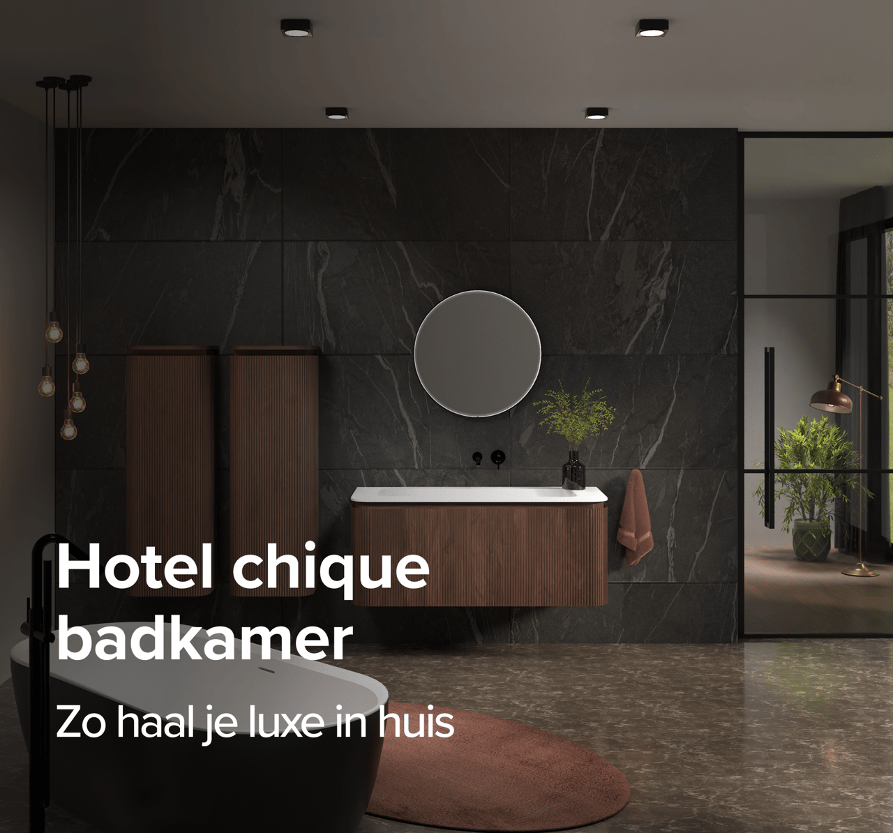 Luxueus x²o badkamers ontwerp in hotel chique stijl. Donkere natuursteen muur, verlichte ronde spiegel en houten badkamermeubels met verticale groeven. Sfeerverlichting met hanglampen en een zwarte kraan geven een warme, exclusieve uitstraling.