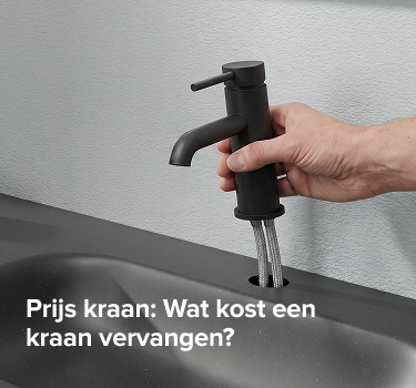 Afbeelding van x²o badkamers met een hand die een zwarte kraan vervangt boven een spoelbak, gebruikt als headerbeeld voor een blog over kraan vervangen.