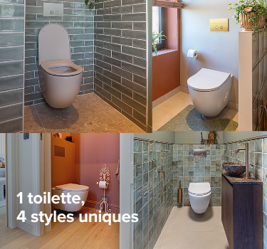 Aperçu de quatre espaces toilettes élégants x²o salles de bains avec WC suspendus, carrelages verts et accents chaleureux, avec texte français.
