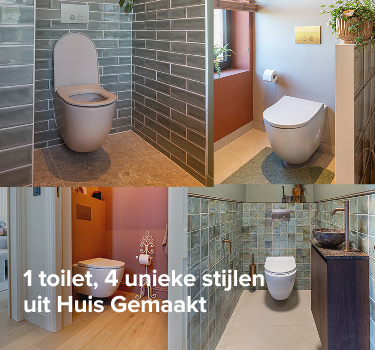 Collage van vier moderne toiletruimtes van x²o badkamers met verschillende stijlen, waaronder groene wandtegels, warme terracottakleuren, hangtoiletten en design lavabo’s, met Nederlandse titeltekst over vier unieke toiletstijlen.