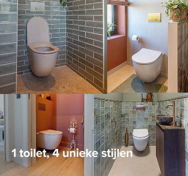 Collage van vier moderne toiletruimtes van x²o badkamers met verschillende stijlen, waaronder groene wandtegels, warme terracottakleuren, hangtoiletten en design lavabo’s, met Nederlandse titeltekst over vier unieke toiletstijlen.