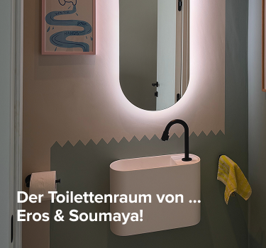 Moderner Toilettenraum von x²o Badezimmer mit ovalem beleuchtetem Spiegel, kompaktem Waschbecken und deutschem Titeltext.