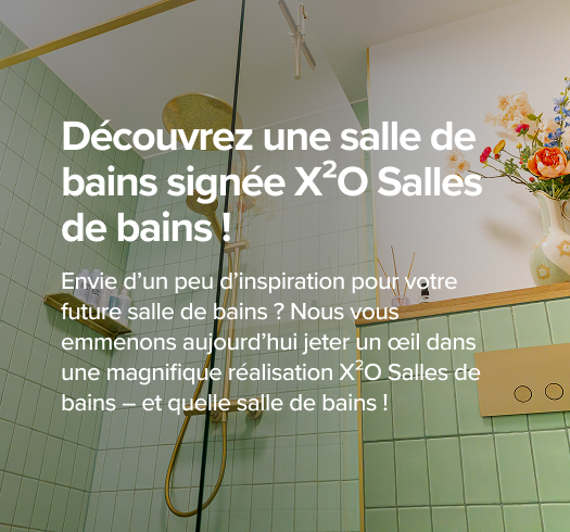 Cette salle de bain x²o de Birgit Schuurman montre une pièce verte avec une douche dorée, des toilettes suspendues avec brosse dorée, paroi de douche en verre et accessoires comme des bâtonnets parfumés et un vase à fleurs.