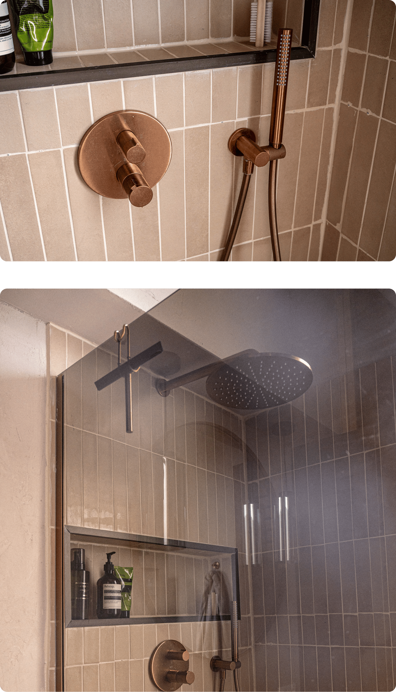 Inloopdouche met beige tegels, regendouche en kranen in koperkleur en ingebouwde nis met verzorgingsproducten – X2O badkamers
