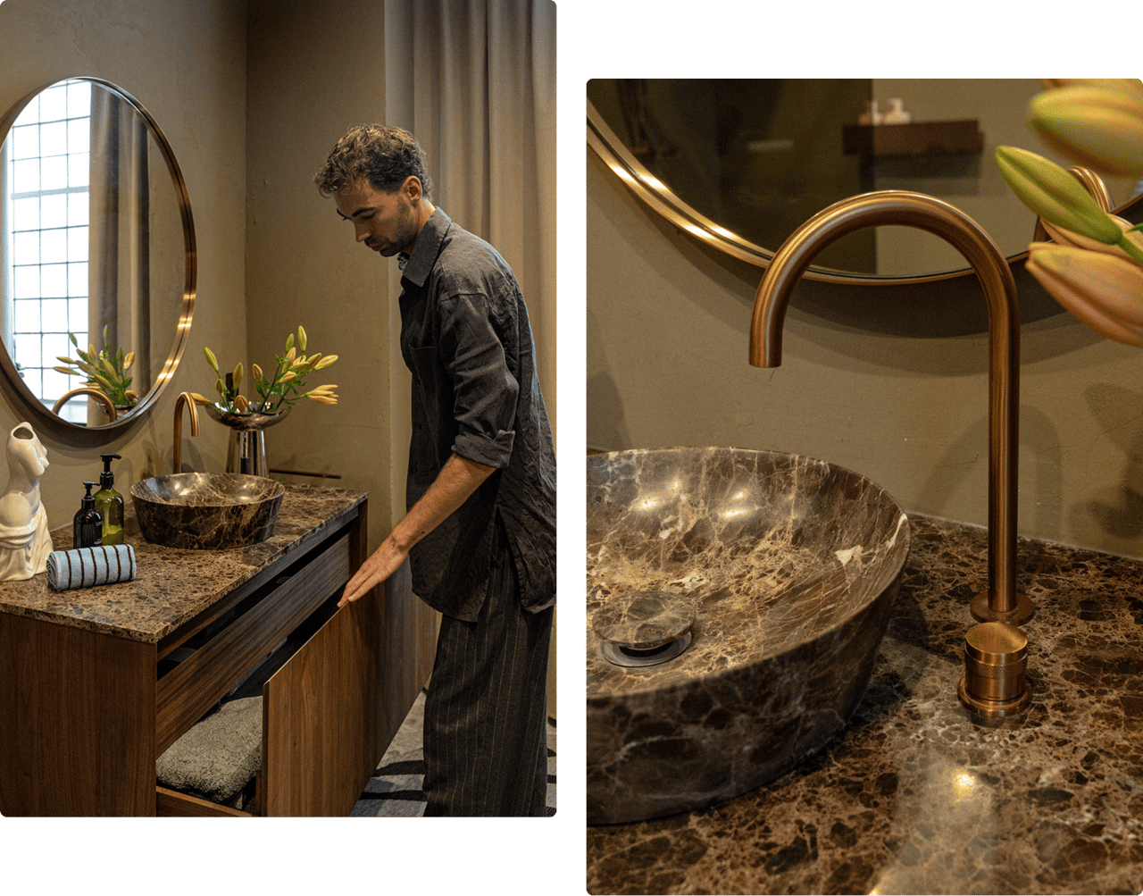 Daan Alferink opent een houten lade van het X²O Badkamers meubel met marmeren blad. Detail van een X²O kraan in geborsteld goud boven een marmeren kom.