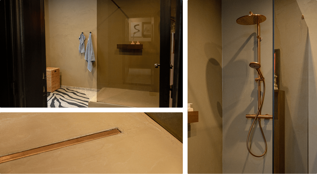 Inloopdouche met X²O douchewand en vloer, gecombineerd met zebra-accenten. Regendouche in kopertint uit de X²O Badkamers douchecollectie.