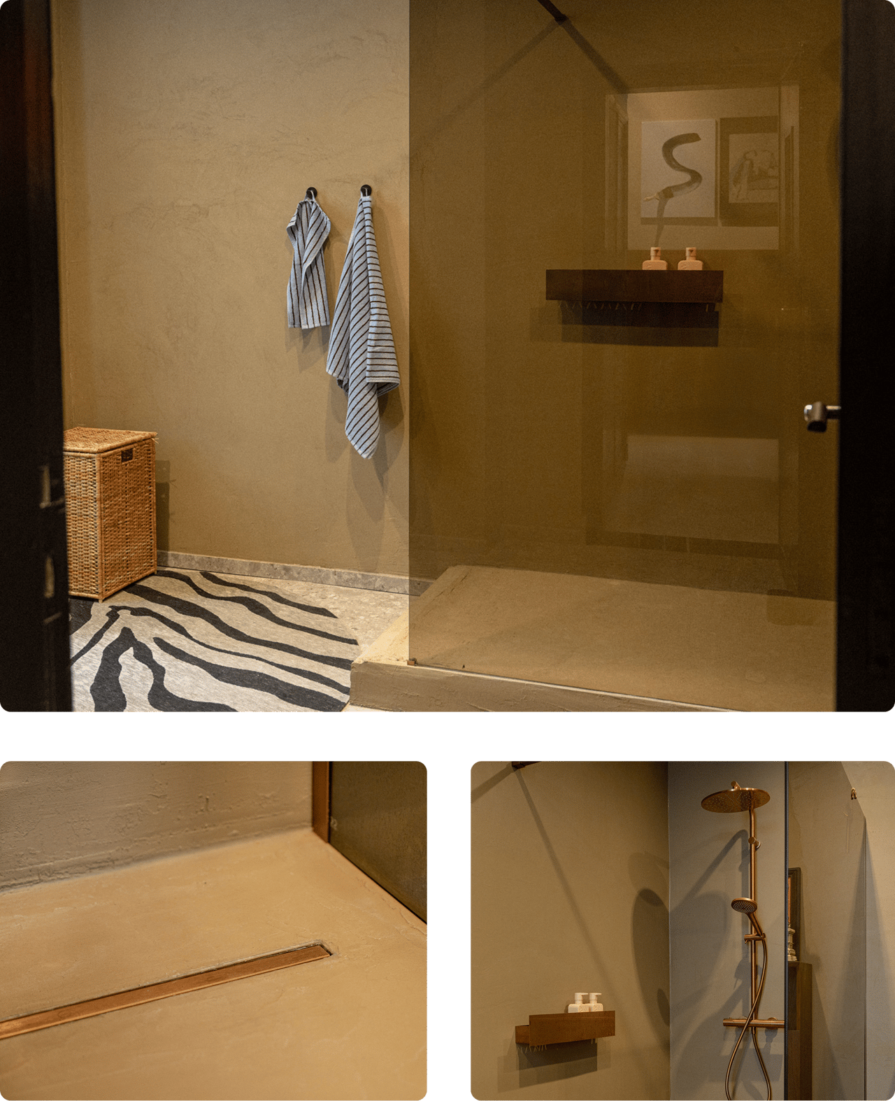 Inloopdouche met X²O douchewand en vloer, gecombineerd met zebra-accenten. Regendouche in kopertint uit de X²O Badkamers douchecollectie.