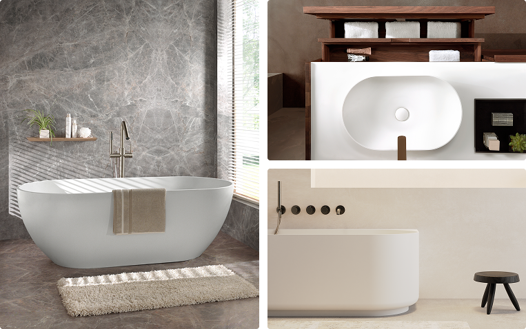 x²o badkamers in Japandi-stijl met een witte vrijstaande badkuip, natuurstenen wand, houten plank met planten, wastafel met houten rek en neutrale tinten voor een rustgevende sfeer.