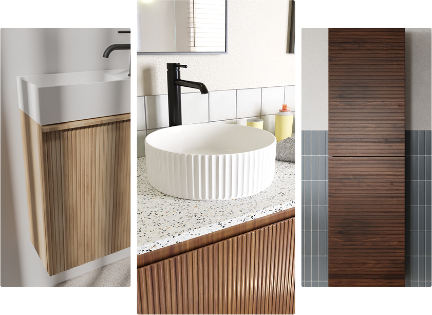 x²o badkamers met focus op textuur, met verticale houten lamellen op badkamermeubels, witte moderne waskommen, terrazzo werkblad en matte zwarte kranen voor een speels en stijlvol effect.