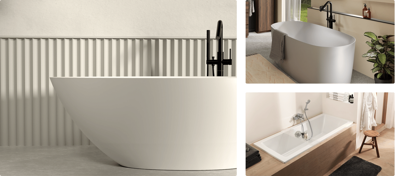 Op deze collage zie je drie verschillende baden in een moderne x²o badkamers sfeer. Links is een close-up van een vrijstaand wit bad met strakke lijnen tegen een wand met verticaal reliëf in een zachte zandkleur. Rechtsboven staat een ovaal vrijstaand bad in een open badkamer met een zwarte kraan, een beige vloerkleed, houten kastdeuren en een groene plant in een zwarte pot. Rechtsonder zie je een ingebouwd rechthoekig bad met een houten ombouw, een wandplank met opgerolde handdoeken en een houten krukje met een badjas ernaast op een lichte houten vloer.