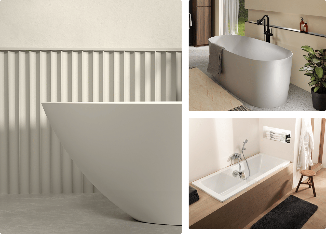 Op deze collage zie je drie verschillende baden in een moderne x²o badkamers sfeer. Links is een close-up van een vrijstaand wit bad met strakke lijnen tegen een wand met verticaal reliëf in een zachte zandkleur. Rechtsboven staat een ovaal vrijstaand bad in een open badkamer met een zwarte kraan, een beige vloerkleed, houten kastdeuren en een groene plant in een zwarte pot. Rechtsonder zie je een ingebouwd rechthoekig bad met een houten ombouw, een wandplank met opgerolde handdoeken en een houten krukje met een badjas ernaast op een lichte houten vloer.