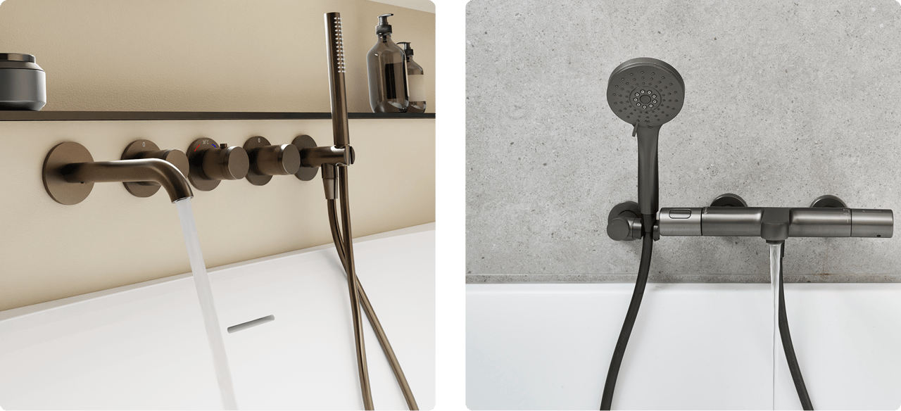 Op deze foto van x²o badkamers zie je twee stijlen moderne badkranen: links een bronzen wandkraan met vier ronde knoppen, een gebogen uitloop waar het water uit stroomt en een staande handdouche; rechts een gunmetal wandmengkraan met een ronde douchekop en een rechte uitloop, gemonteerd tegen een lichtgrijze betonnen muur.