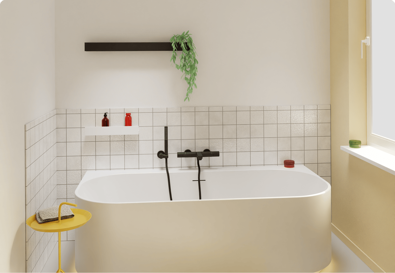 Auf diesem Bild von x²o badkamers siehst du eine große freistehende Designer-Badewanne in Cremefarbe vor einer Wand mit vertikalen Paneelen, mit modernem minimalistischen Look und glattem Betonboden.
