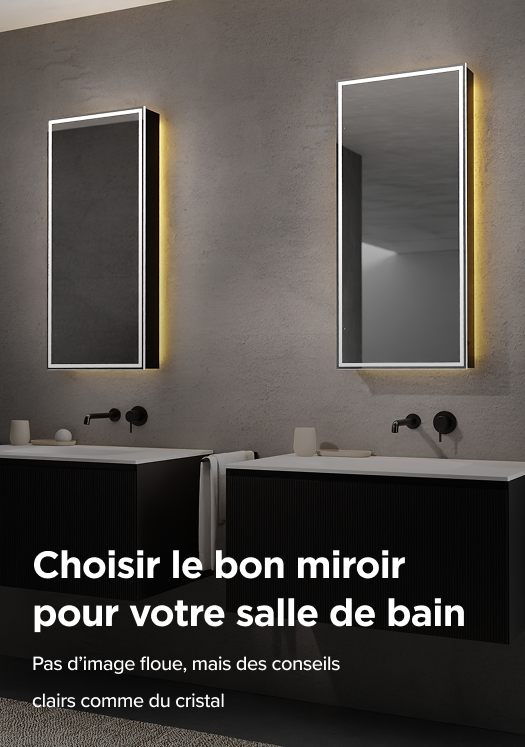 Salle de bains moderne avec tiroirs en bois, doubles vasques blanches, robinets noirs et un large miroir éclairé – Balmani Giro Touch élégant de x²o salles de bains.