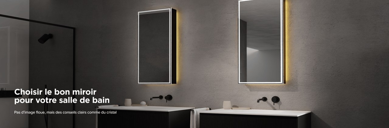 Salle de bains moderne avec tiroirs en bois, doubles vasques blanches, robinets noirs et un large miroir éclairé – Balmani Giro Touch élégant de x²o salles de bains.