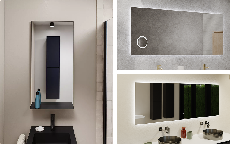 Collage met verschillende spiegelvormen en opstellingen: vierkante, langwerpige en verlichte spiegels in diverse badkamersettings – inspiratie van x²o badkamers.